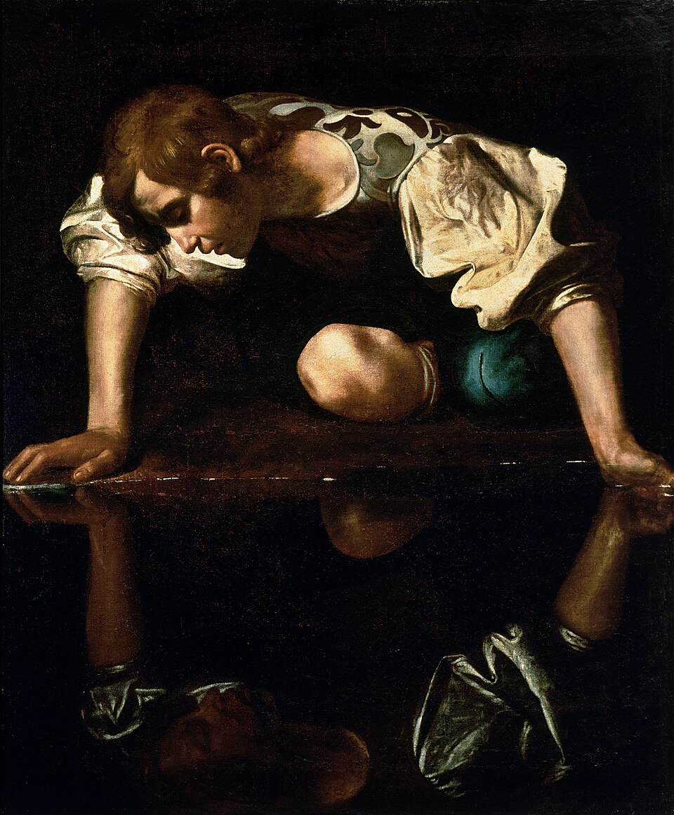 Caravaggio's painting of Narcissus staring at his own reflection in dark water