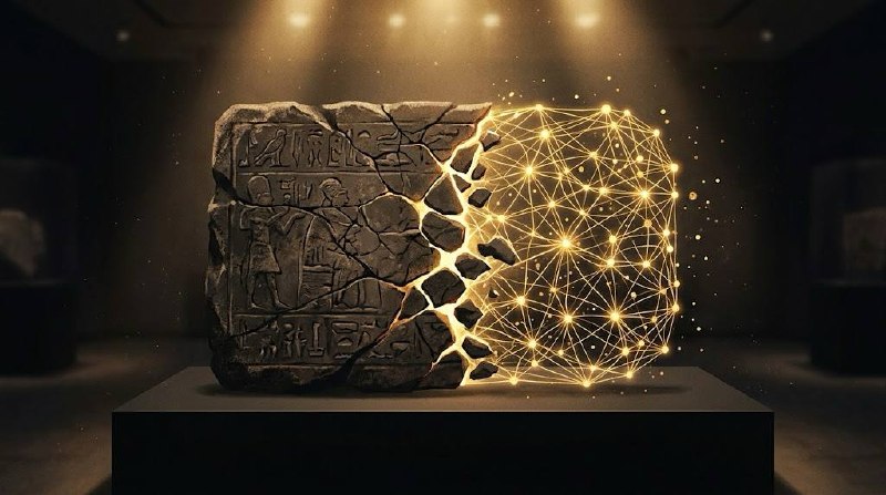 An ancient stone tablet transitioning into a glowing neural network on a museum pedestal
