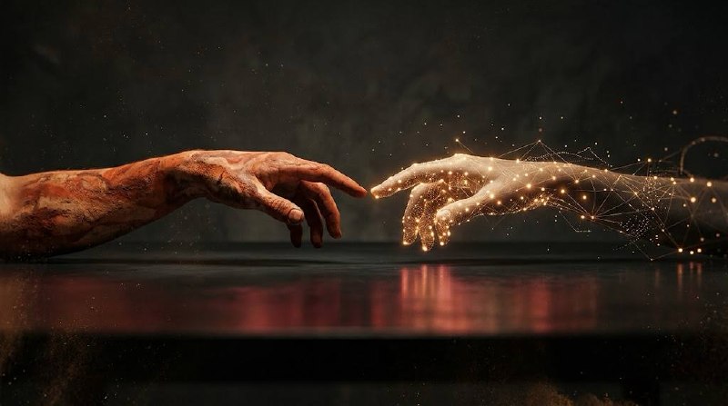 A human hand and a glowing digital hand reaching across a dark surface